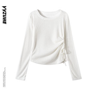 เสื้อยืดแขนยาวผู้หญิงสไตล์เกาหลี ทรงเข้ารูป ดีไซน์รัดเอว ดีไซน์ใหม่ ฤดูร้อน 2025 ผ้าฝ้ายผสมคอตตอน ระบายอากาศได้ดี ทรงเข้ารูป