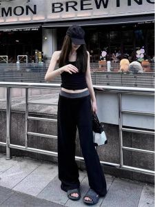 Quần Dài Ống Rộng Cạp Cao Màu Đen Cho Nữ Mùa Xuân Thu Quần Dài Thể Thao Rộng Rãi Phong Cách Mỹ Giản Dị Cho Học Sinh