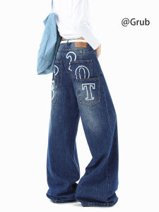 Grace Rub | Multiple Pockets High Street Style Retro Design Wide Leg Print Jeans