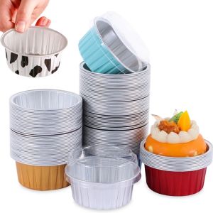 10Pcs 130ml Disposable Cake Baking Cups Pastry Muffin Cake Mold Mousse Dessert Baking Cups Aluminum Foil Cupcake Muffin Liners Cups with Lids