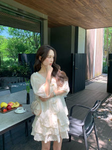 Elegant Vintage Chinese Style Set for Women Heavy Embroidery Lace Shirt/Puffy Skirt Two-Piece Suit Short Sleeve V-Neck Button Closure