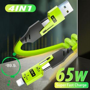 4-in-1 65W Spring Telescopic Data Cable USB Super Fast Charging Phone Wire Cord for iPhone 16 Huawei Quick Charger