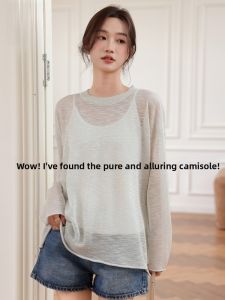 MiiOW | MiiOW Pure Desire Lazy Style Womens Summer Loose Round Neck Long Sleeve T-Shirt Sun Protection Transparent Top Fashionable Casual Wear