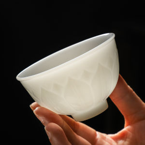 Handcrafted Ceramic Gongfu Tea Cup Puer Ice Jade Relief Single Cup Tea Drinking Bowl Gift Box Dehua Origin Simple Chinese Style