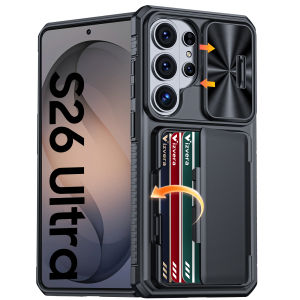 For Samsung Galaxy S26 Ultra Phone Casewith Card Holder Sliding Camera Cover And Stand Anti-Fall PC+TPU Wallet Case-Black