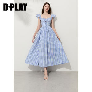 D-PLAY | Đầm Hè Hình Caro Cổ Vuông Tay Voan Dây Kéo Rẽ Sâu