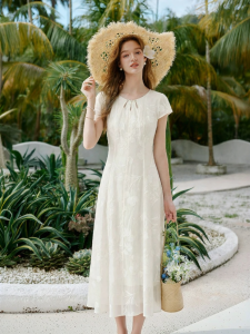 XIANGYING | New Chinese Style Printed Dress Slim Fit Short Sleeved
