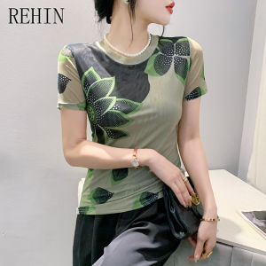 REHIN Summer Fashion Floral Printing Short Sleeve T-shirt Round Neck Slim Fit Mesh Women Blouse