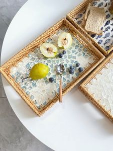 Rectangular Rattan Mother of Pearl Inlaid Tray with Handle Coffee Table Serving Tray Serving Tray Jewelry Storage Display Tray