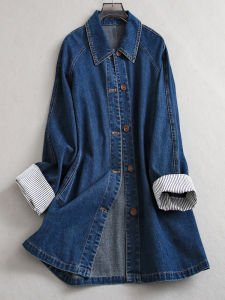 แจ็คเก็ตยีนส์คอปกปิดกระดุมแขนยาวทรงหลวมสำหรับผู้หญิง ทรงเข้ารูป ทรงตรง แจ็คเก็ตฤดูใบไม้ผลิ ฤดูใบไม้ร่วง ฤดูหนาว