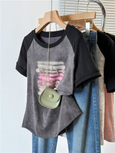 Shoulder Short Sleeve T-Shirt Womens Summer Tie-Dye Letter Color Matching Plus Size Womens Clothing Easiest for Match Loose Slim Looking Belly-Covering Coat