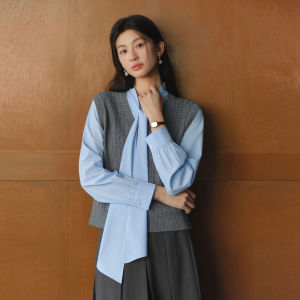 SEIFINI | Layered Knit Vest Shirt with Flowy Collar