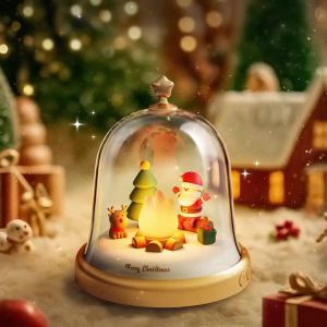 Santa Claus Little Flame Music Box Cute Girls Night Light Adjustable Breathing Warm Light Lamp with 6 Songs Kids Christmas Gifts