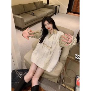 Loose White Knitted Sweater Vest Set Womens Spring Autumn Korean Style Lazy College Style Two Piece Suit V Neck Polyester Fiber