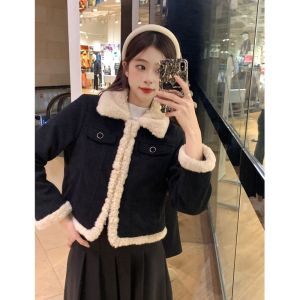 Áo Khoác Ngắn Lót Lông Cừu Ngắn Phong Cách Paris Váy Xếp Ly Quần Áo Làm Việc Mùa Đông Áo Khoác Cotton Dày Áo Khoác Ngoài Thường Ngày