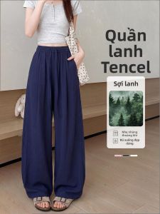 XIANYIJIAO | Navy Blue Linen Wide Leg Trousers Lightweight Breathable