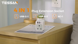 TESSAN Compact Size Wall Charger Multi Plug Adapter Extension Socket with USB + Type C Extension Adaptor