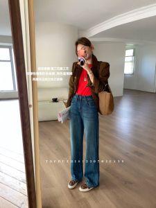 OUZHI High Waist Straight Leg Fleece Lined Womens Jeans European Style Floor Length Slimming Trousers Casual Cotton Stretch Denim