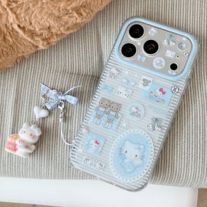 Sanrio | Korea INS Stripe Sanrio Hello Kitty Phone Case For iphone 17 16 15 Pro Max Shockproof Protective TPU Cover With Pendant Funda