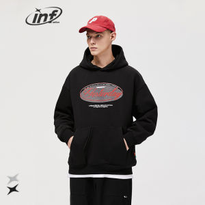 INFLATION brand 2022 autumn new men preppy style 400g fleece hit color crack letter printing irregular pocket thickened hooded sweater