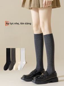 JINGCHI | Tất cotton màu đen dài đến giữa bắp chân cho nữ mùa đông cao đến mắt cá chân Tất co giãn cho nữ Tất JK