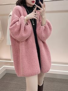 Korean Style Soft Pure Color Lantern Sleeve Knitted Cardigan Womens Spring New Fashion Lazy Style Mid-Length Outerwear