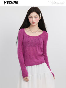 เสื้อสเวตเตอร์ถักแขนยาวทรงสั้นสไตล์เกาหลีสำหรับผู้หญิง ทรงเข้ารูป คอเหลี่ยม ดีไซน์เก๋ไก๋ แขนยาว ทรงเข้ารูป แขนยาว ทรงเข้ารูป