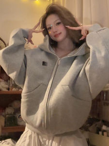 SINANI | American Retro Gray Hooded Sweatshirt Zippered Casual Loose Womens Wear