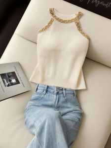 Elegant White Sleeveless Shirt French Unique Design High Quality Commuter Style Korean Version Straight Cut Pure Color for Women