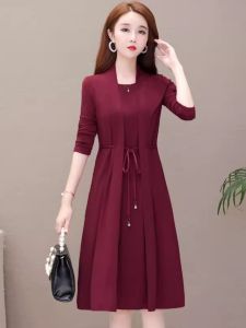 HUAXUNRAN | Stylish Slimming Long Sleeve Dress for Plus Size Middle-aged Women