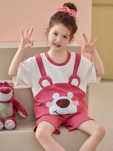 Pure Cotton Childrens Nightgown Girls Sleepwear Overhead Cartoon Home Clothes Two-Piece Set Summer Comfortable Soft Material
