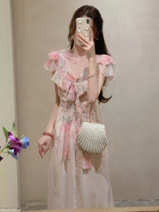 QFN | Tea Dress Summer Holiday Style Floral Lace V-Neck Fitted Long Dress