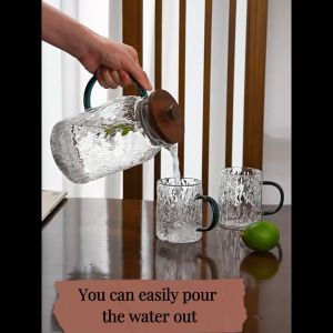 Locaupin Drink Bottle Wooden Lid Pitcher with Cup For Coffee High Quality Borosilicate Transparent Heat Resistant Kettle