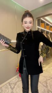 Áo Sơ Mi Vải Nhung Cài Nút Phong Cách Trung Hoa Cổ Điển Mới Cho Nữ Tay Dài Hở Tà Thời Trang Thu Đông 2023 Áo Sơ Mi Dài Tay