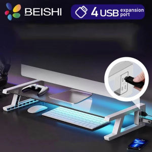 Desk Monitor Stand Riser PC Rack Holder with 4 USB Ports Computer Monitor Riser Desktop Stand and Storage Rack 20kg Capacity