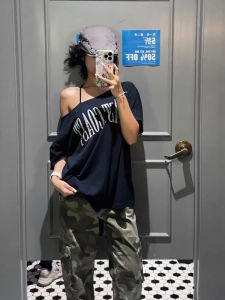 American Retro Hot Girl Diagonal Collar Short Sleeve T-Shirt Women Summer Millennium Niche Lazy Loose Slimming Versatile Shoulder Bared Top