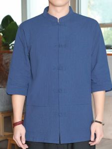 Mens Linen Cotton Casual Shirt Short Sleeve Summer Thin Five-Point Button Fashionable Traditional Chinese Style Loose Fit Shirt