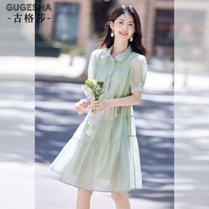 Slimming Effect Bubble Sleeve Shirt Dress Womens Summer High Waist Thin A-Line Dress Casual Style Short Sleeve Mid-Length