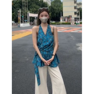 YUEZHONGWEI | Blue V-neck Floral Strap Vest Women Summer Outdoor Beach Vacation Style Waist Cinched Tie Belt Top Sleeveless Comfortable Fit