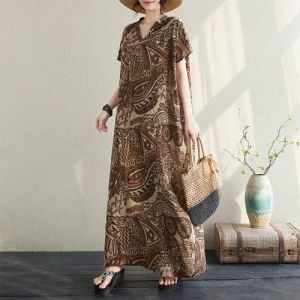 ชุดเดรสยาวทรงเอผ้าลินินลายดอกไม้หลวมๆ สำหรับผู้หญิง ฤดูร้อน 2024 แขนกุด เอวสูง คอวี กระโปรงทรงเอ แฟชั่นสตรีท