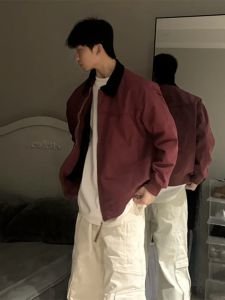 ZHUOCAN | Bordeaux Work Jacket Men American Retro Style Turn-Down Collar Outwear