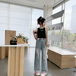 Denim Jeans For Kids Girls Jeans 5-16 Yrs Wide LegTrousers Maong Pants Korean Embroidery Designfor Teens Girl Skinny Jeans Denim Pants for Kids Girl 120-150CM
