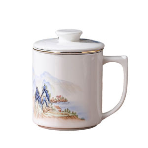 Chinese Style Ceramic Cup with Lid for Office Tea Brewing Separate Tea Water Personal Cup with Filter Net Tea Dividing Cup
