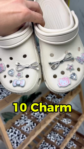 Bộ 10 CHARM STICKER - Mèo Nơ Bạc - Phụ kiện gắn dép lấp lánh sang trọng dễ gắn nhựa cứng