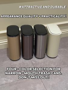 ถังขยะแคบชนิดมือกดมันสามารถวางได้ในพื้นที่ขนาดเล็กและเหมาะสำหรับห้องน้ำห้องนอนห้องนั่งเล่นฯลฯผลิตภัณฑ์นี้มาในสีต่างๆเช่นสีขาวสีดำสีเงินสีแชมเปญและสีทอง