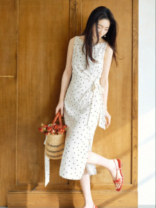 HOPESHOW | Contrast Dot Strapless Slimming Pleated Chiffon Dress