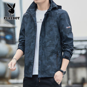 PLAYBOY Mens detachable hooded windproof waterproof outdoor oversized work jacket spring and autumn jacket for men
