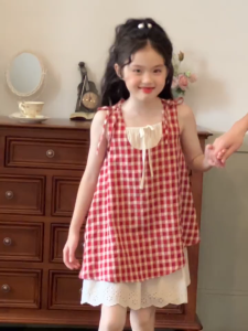 PRINCESS KESLI ชุดเดรสโบว์ลายหมากรุกสีแดงสุดน่ารักสําหรับเด็กผู้หญิง 1-12 ปี