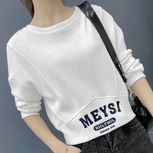 WANGGONGZHU | เสื้อฮู้ดคอกลมแขนยาวทรงหลวมสไตล์เกาหลีสำหรับผู้หญิงในฤดูใบไม้ผลิและฤดูใบไม้ร่วง เสื้อผ้าทำงานแขนยาวสั้น