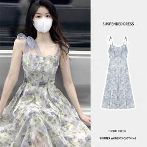 Floral Print Halter Dress French Fairy Design Summer New Style Long Skirt High Waist A-Line Silhouette No-Sleeve Business Casual